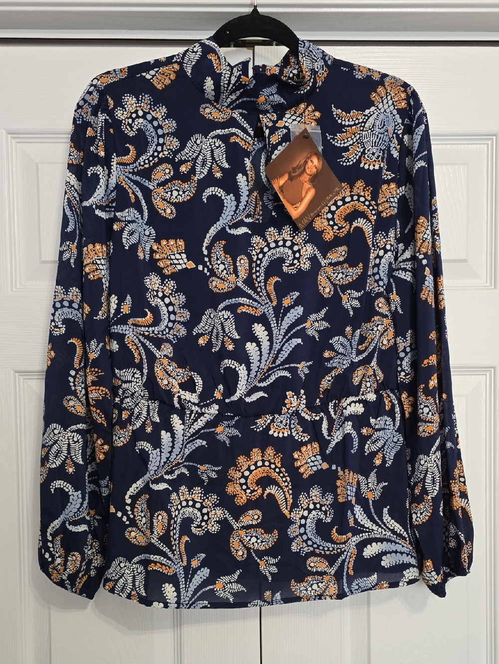 🆕️ IMAN Navy Paisley Tie-Neck Long Sleeve Blouse